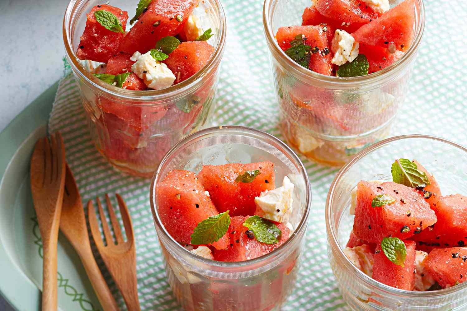 Watermelon feta salad cups with mint and cucumber