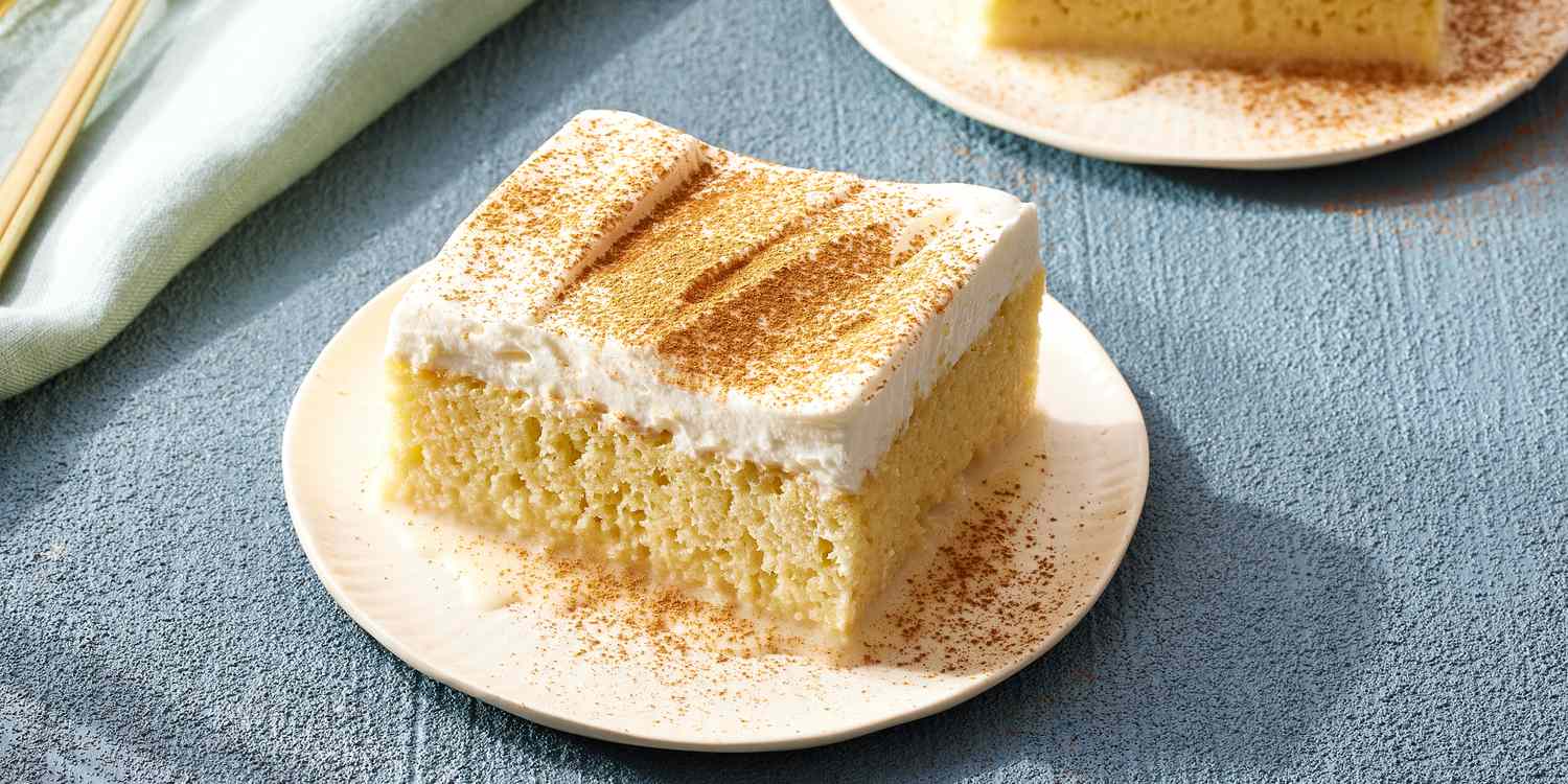 Tres leches cake soaked in three milks topped with whipped cream