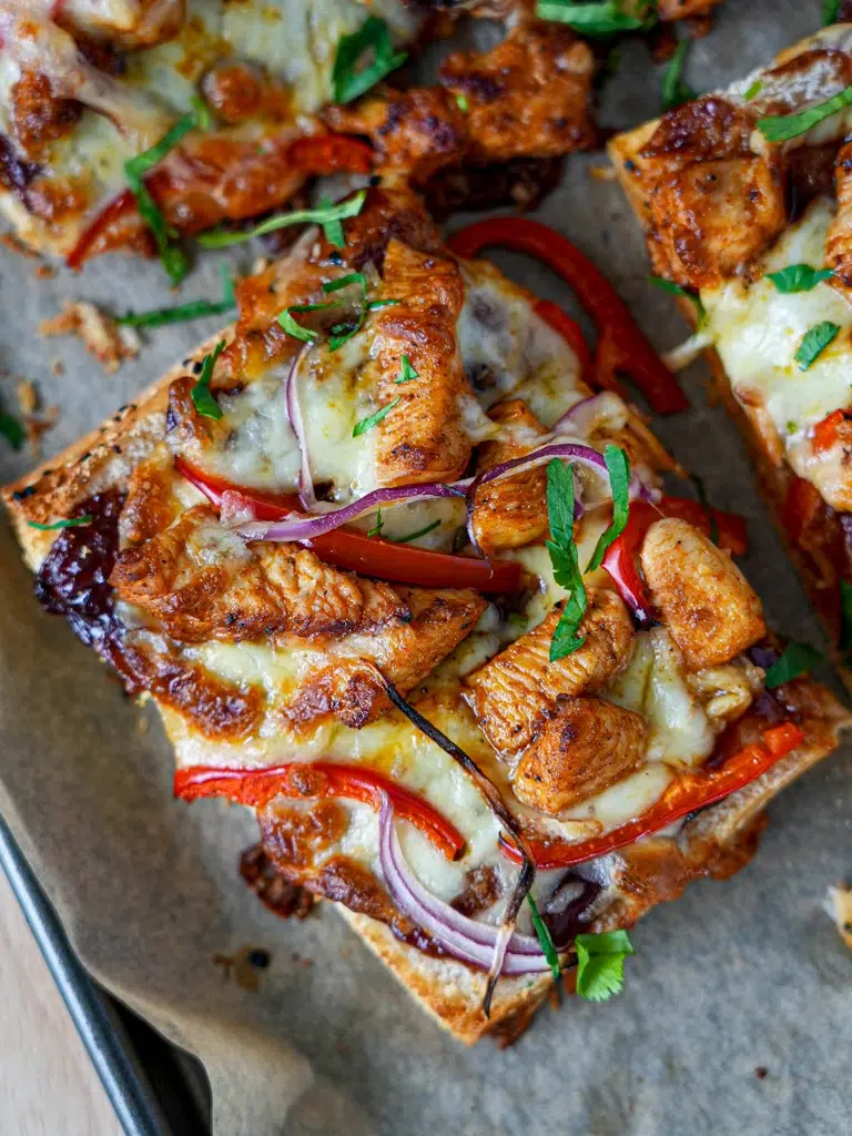 BBQ chicken flatbread pizza on the grill
