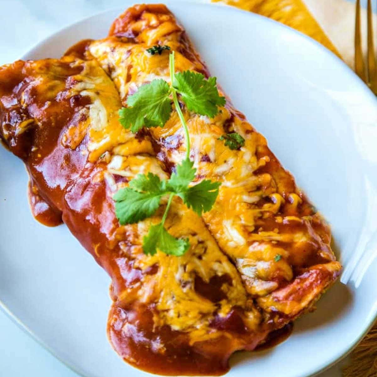 Chicken enchiladas covered in red sauce and melted cheese