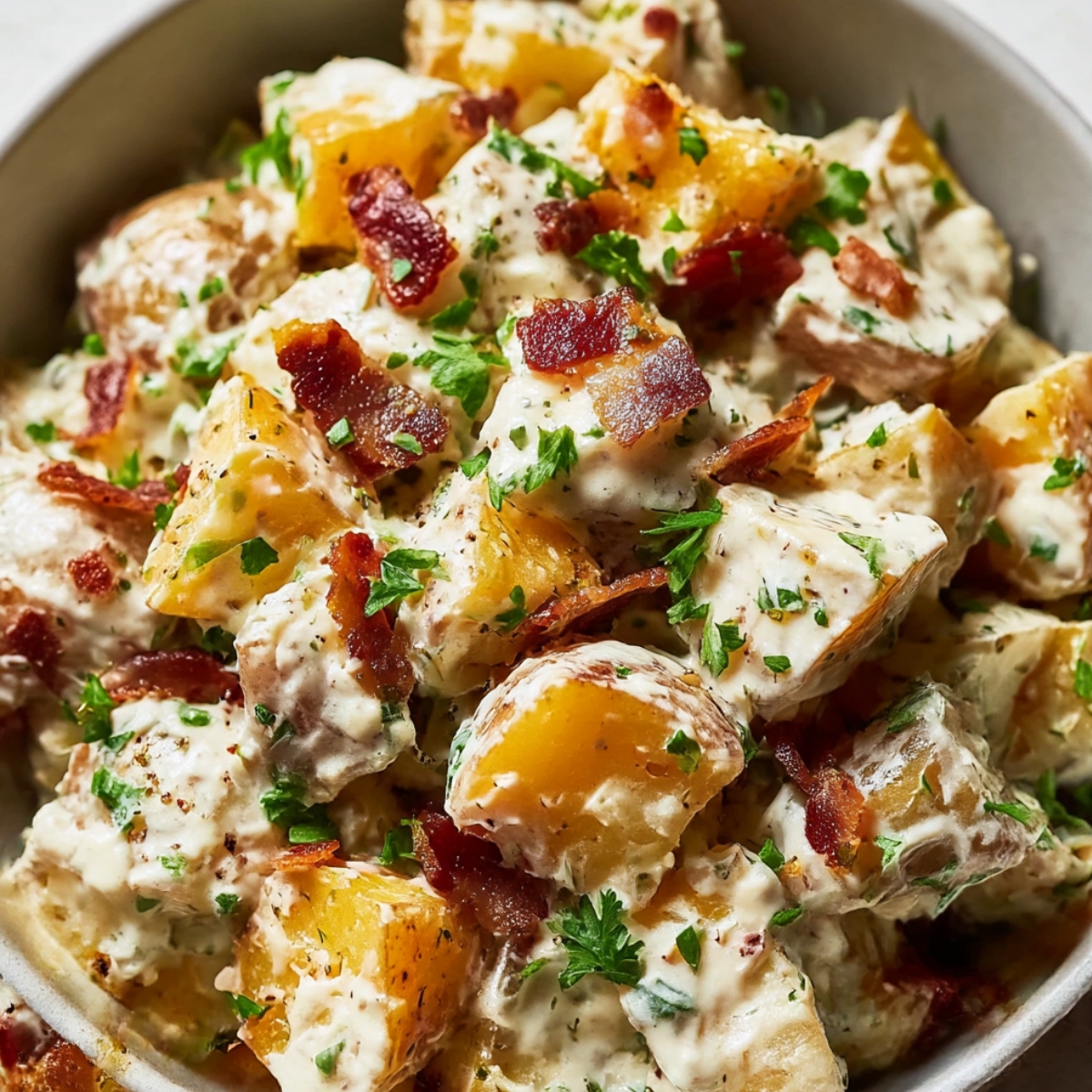Creamy steakhouse potato salad with bacon cheddar and green onions in a serving bowl