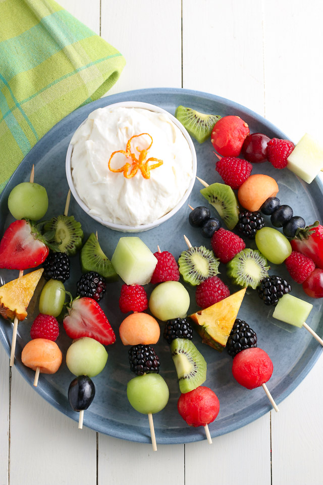 Fresh fruit skewers with honey lime yogurt dip
