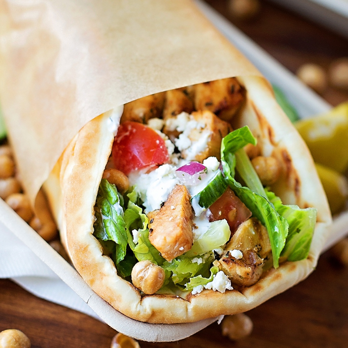 Greek grilled chicken pitas with cucumber and tomato
