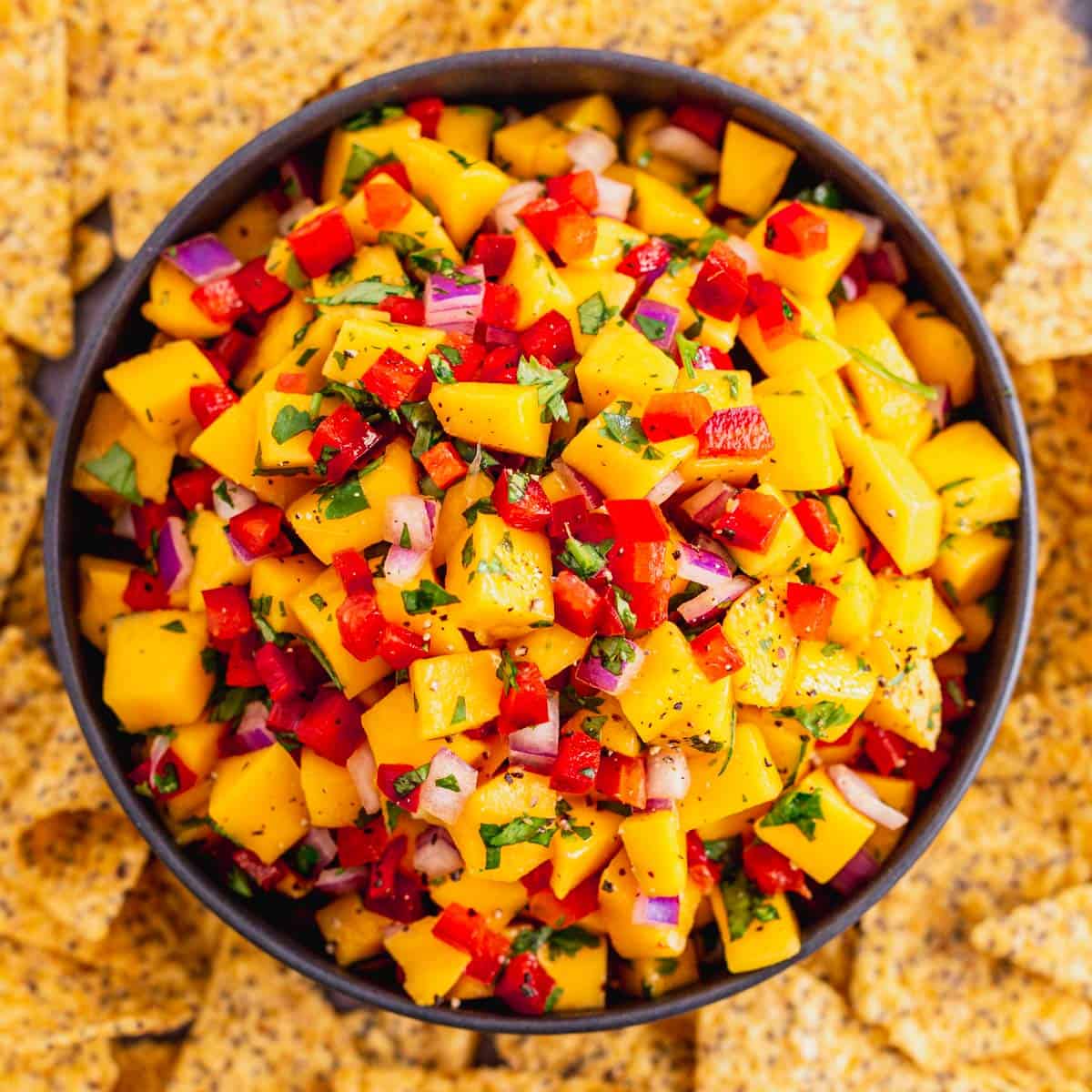 Fresh mango salsa with red onion cilantro and lime in a white bowl
