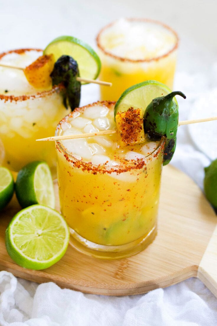 Mango jalapeno margarita with Tajin rim and mango garnish