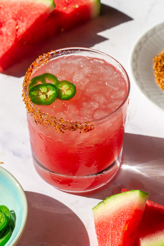 Watermelon jalapeno margarita bright pink with Tajin rim