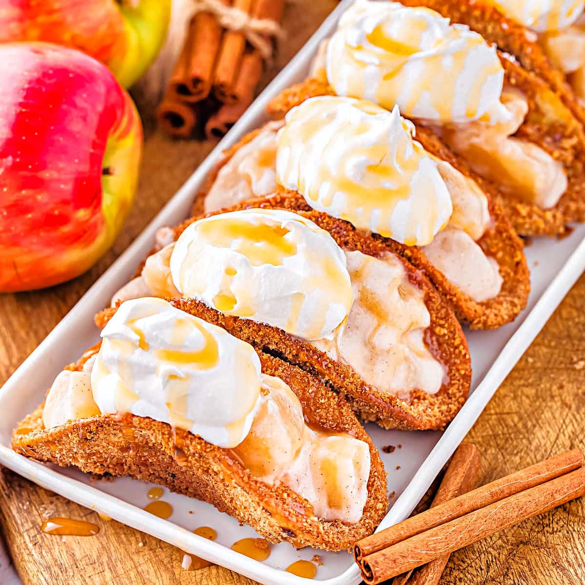 Apple pie tacos with cinnamon shells and caramel drizzle