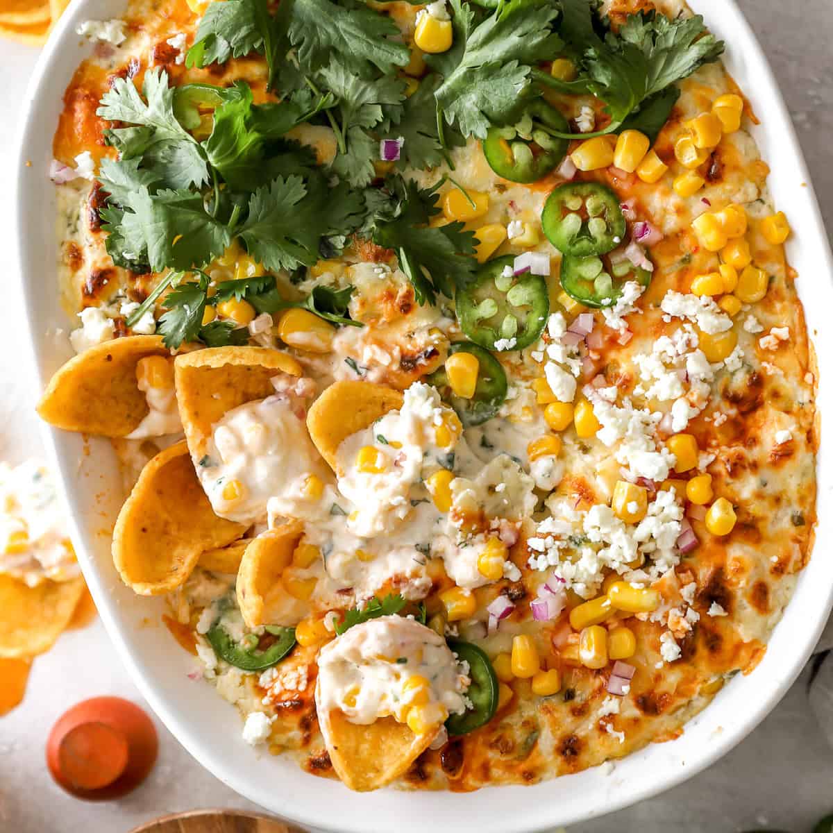 Mexican street corn dip with charred corn and cotija cheese