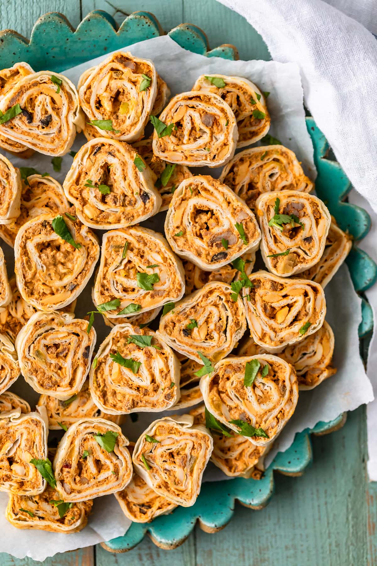 Mexican pinwheel rolls sliced showing colourful layers