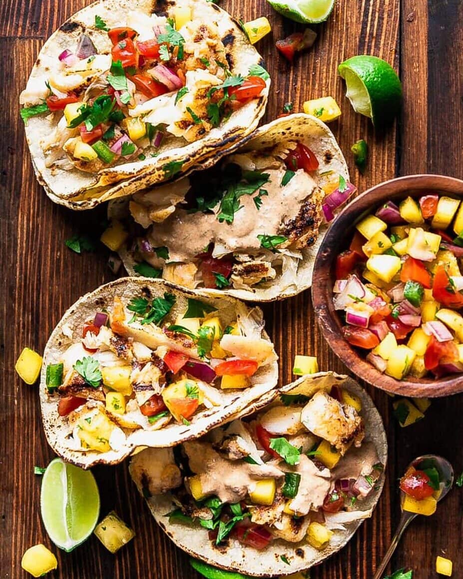 Grilled fish tacos with mango salsa