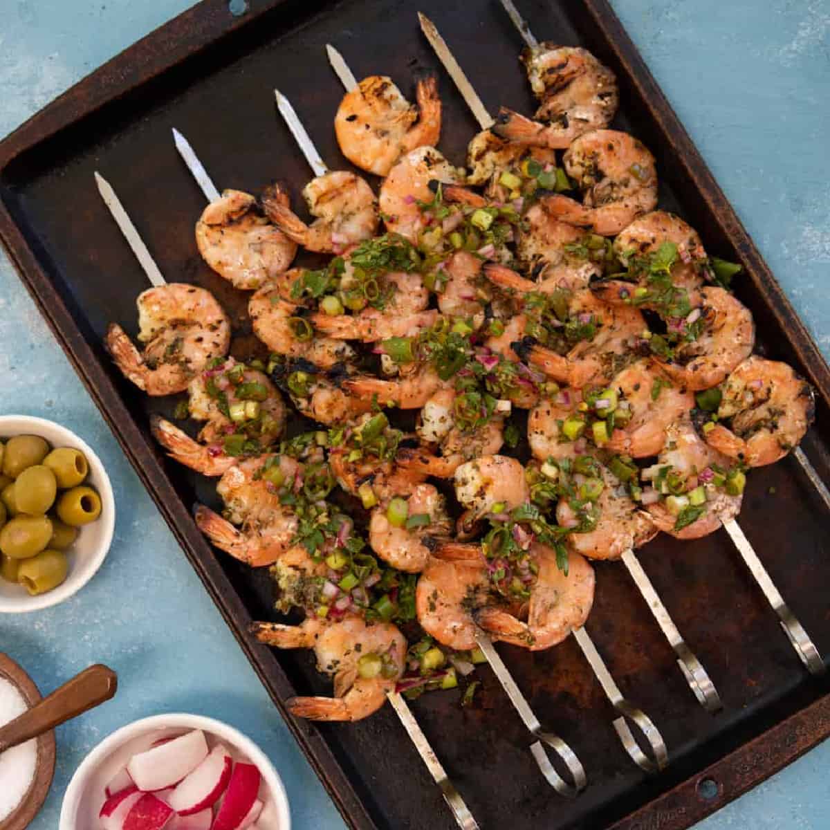 Lemon herb shrimp skewers on the grill