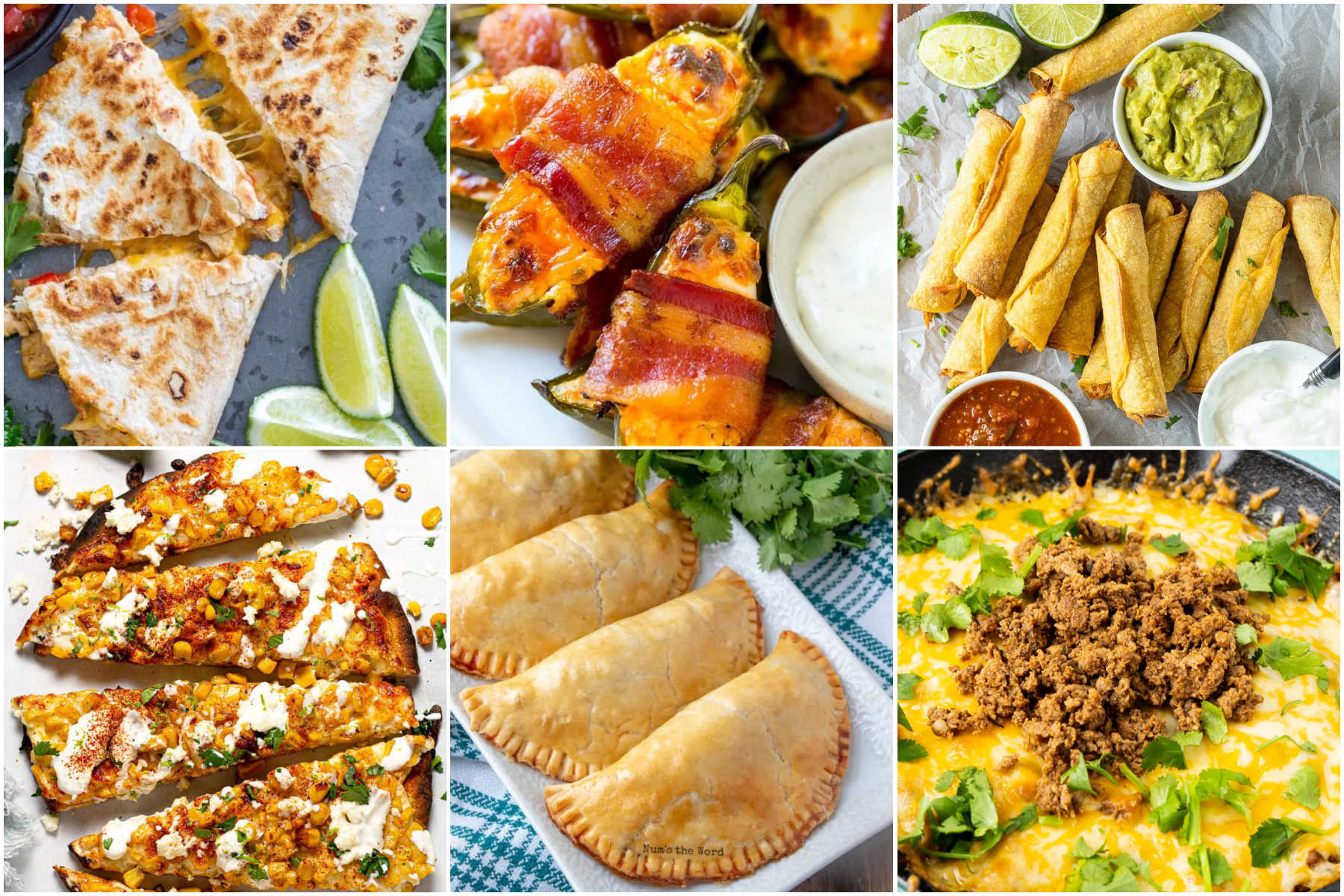 Easy Mexican appetizers spread with guacamole dips and taquitos