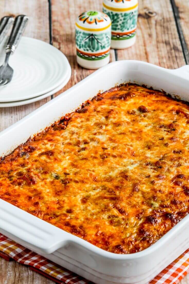 Healthy ground turkey Mexican casserole with cauliflower rice and fresh toppings