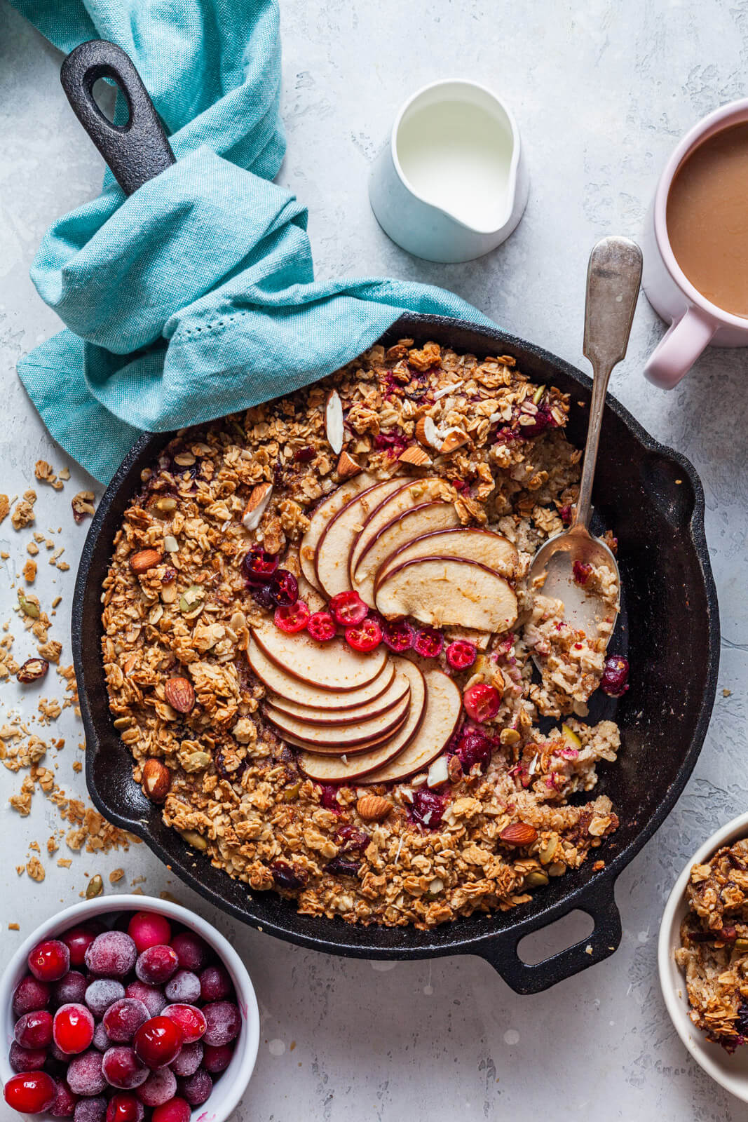 Apple cranberry baked oatmeal casserole golden in a baking dish