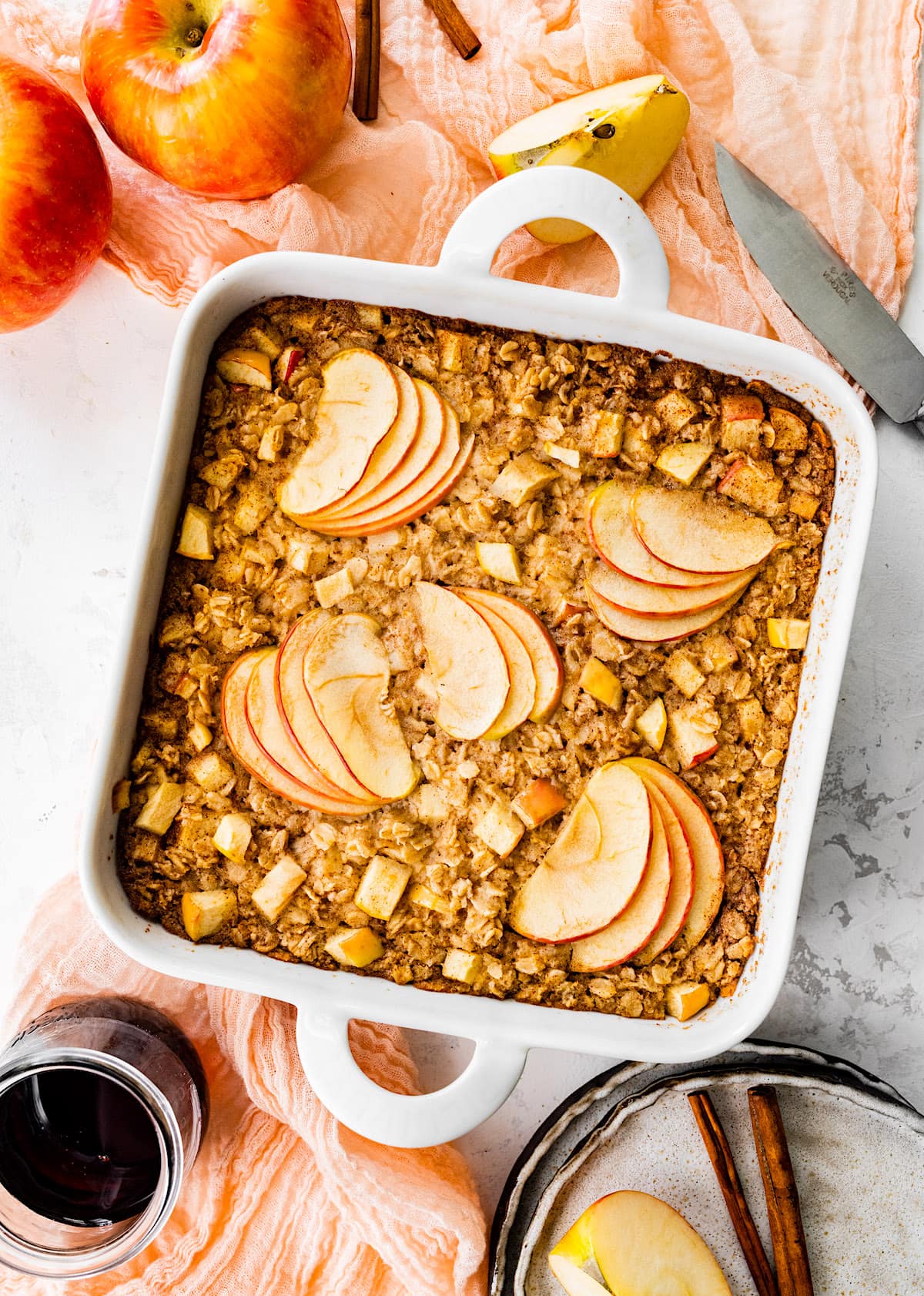 Apple cinnamon baked oats golden and warm in a ramekin