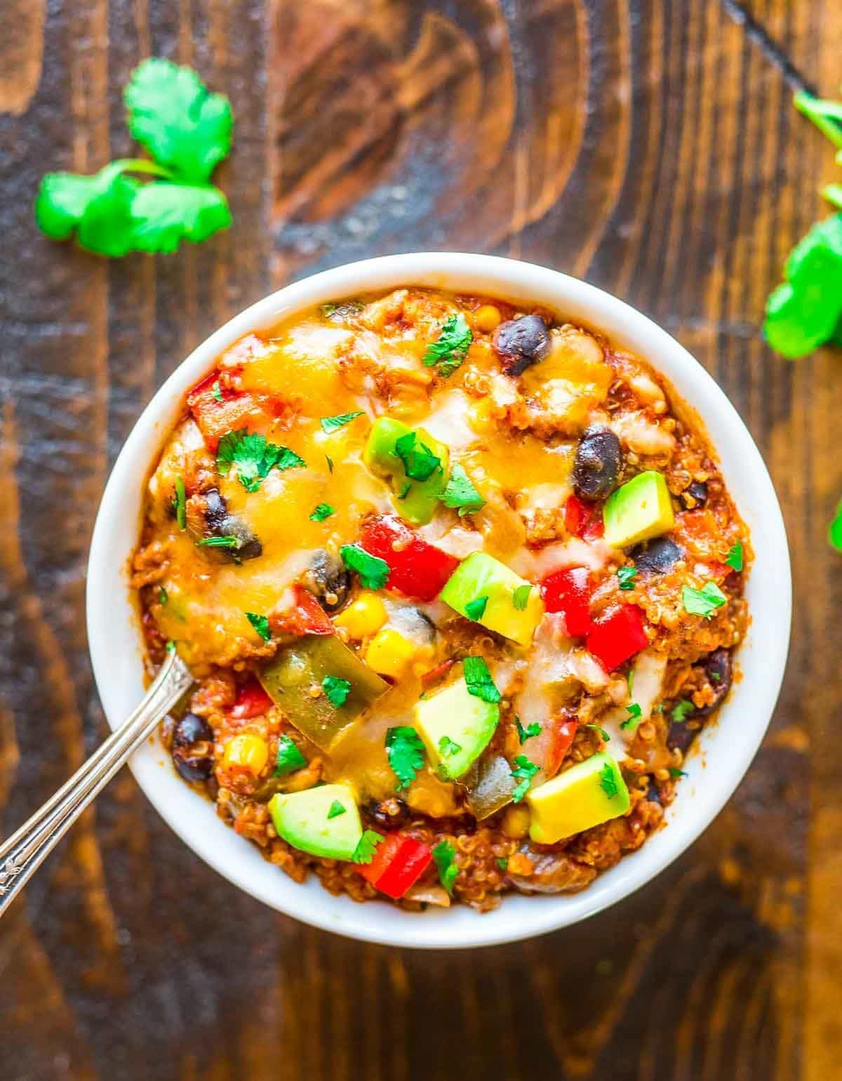 Slow cooker Mexican casserole with shredded chicken beans and cheese
