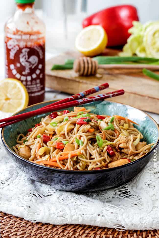 Swicy honey sriracha noodle bowl with chicken and vegetables