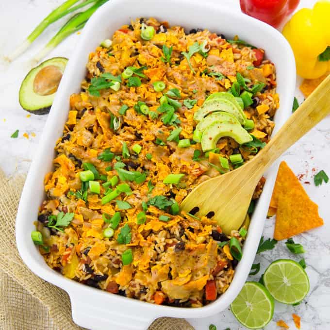 Mexican rice casserole with ground beef and melted cheese on top