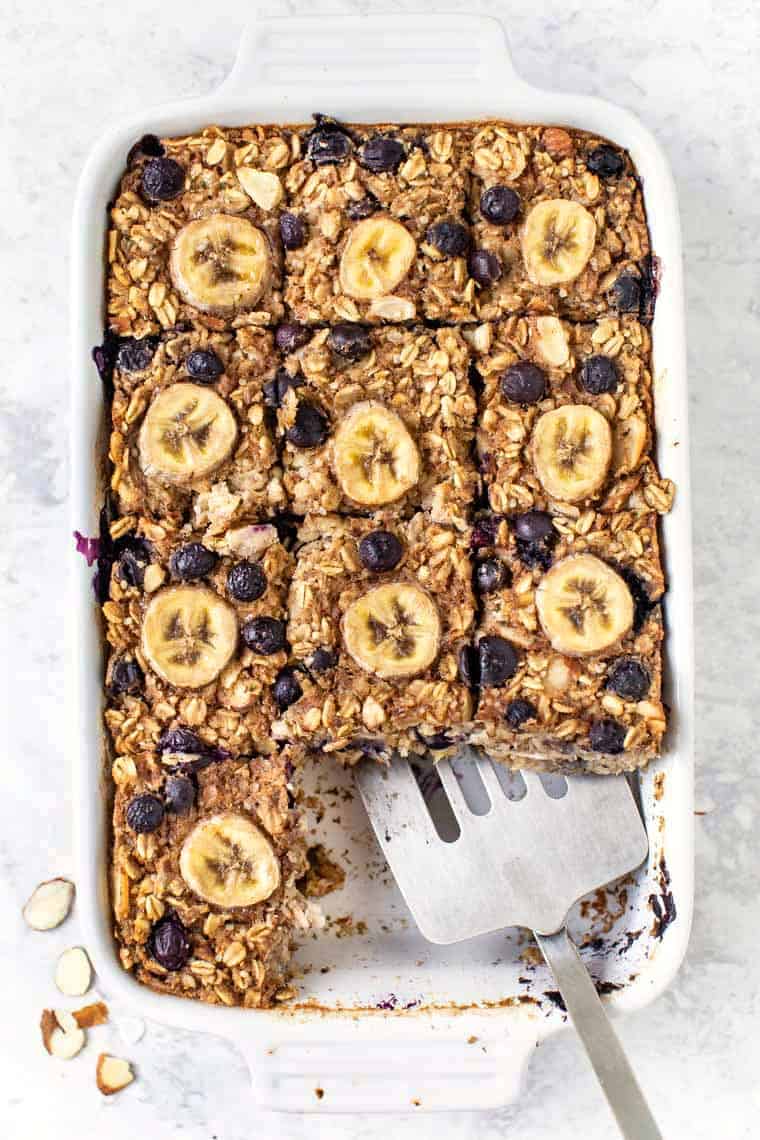 Blueberry banana baked oats with fresh blueberries on top