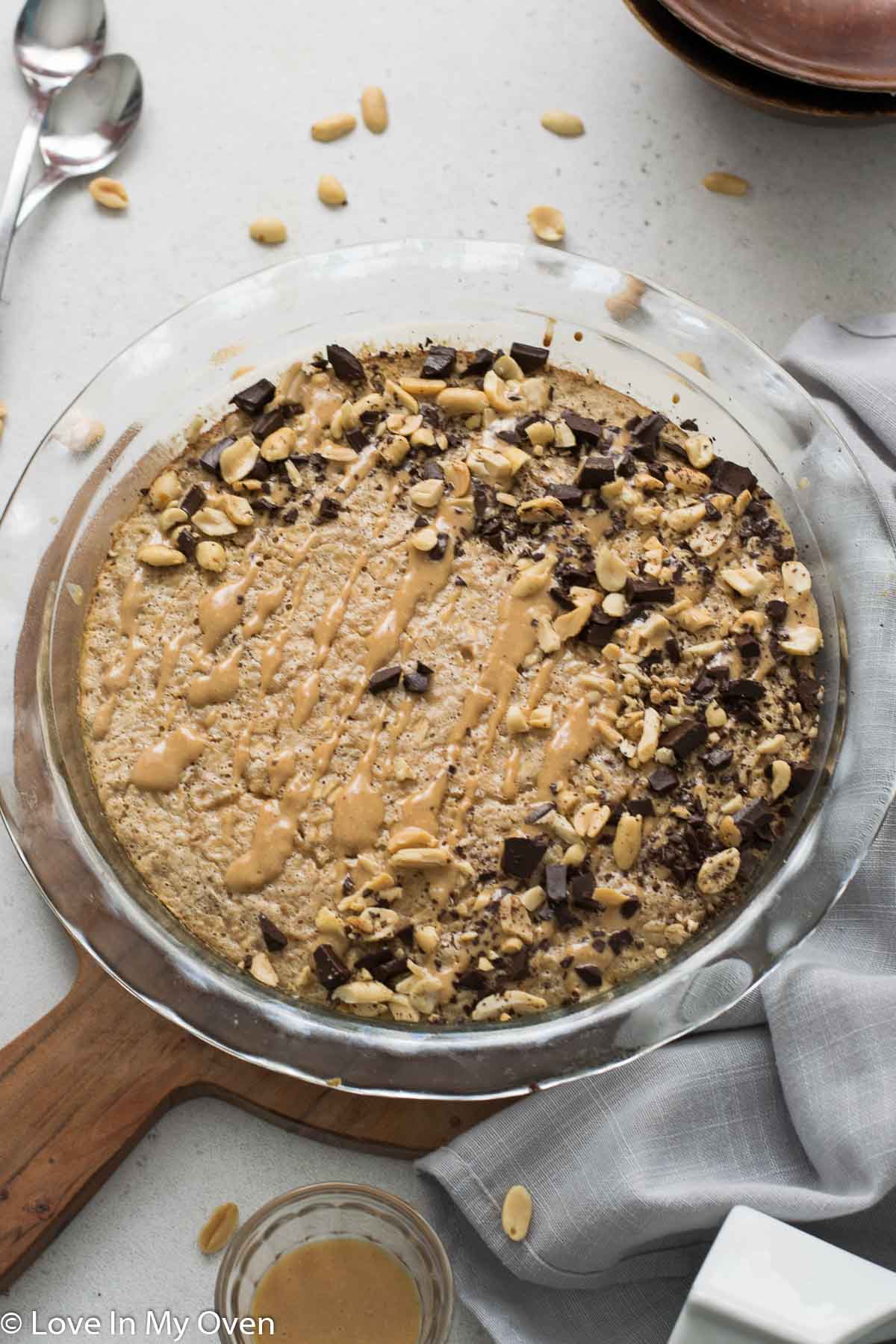 Peanut butter chocolate chip baked oats with gooey center