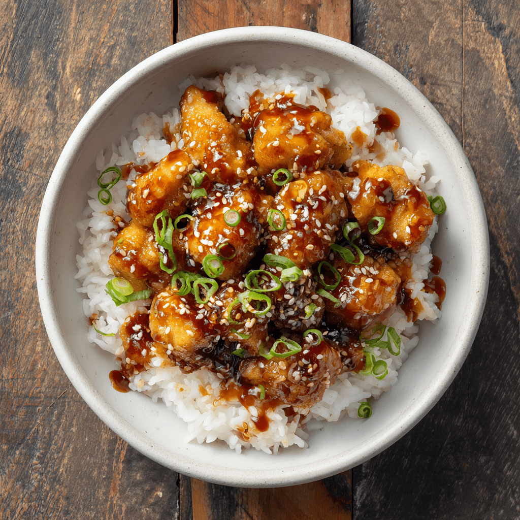 Classic honey sriracha chicken rice bowl with sesame seeds and green onions