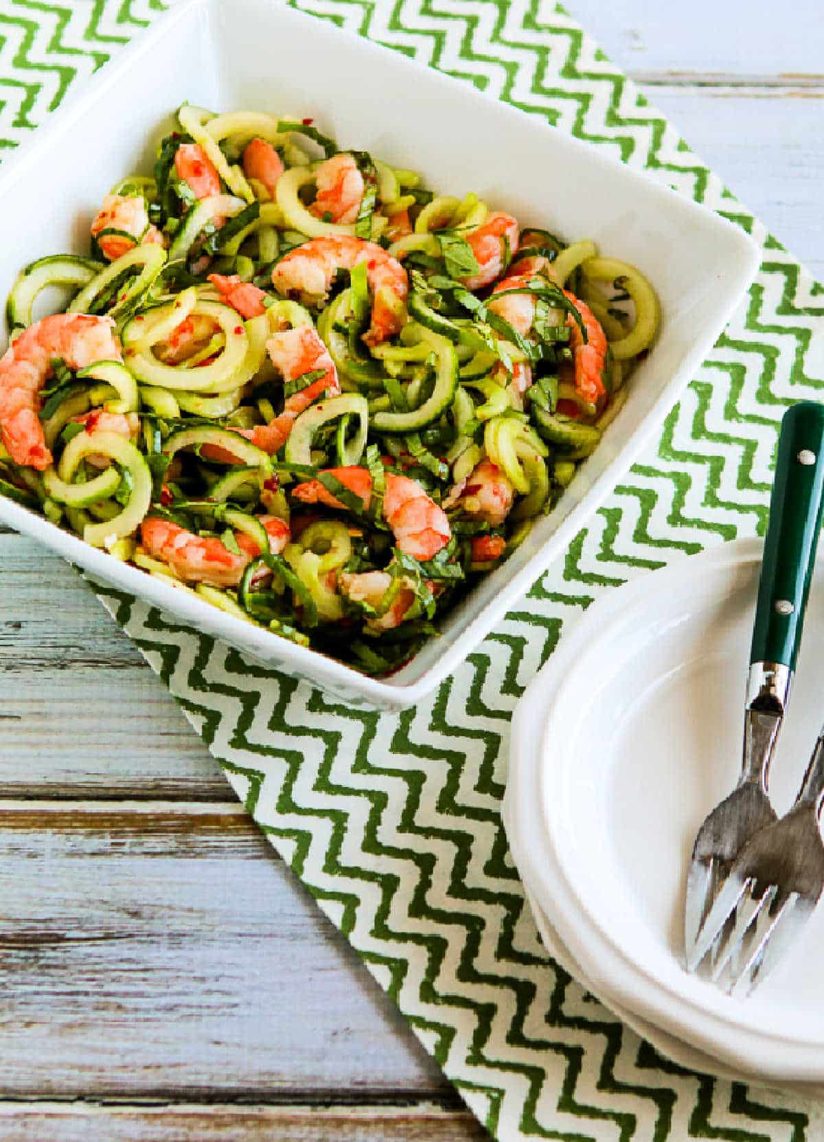 Garlic shrimp cucumber noodle salad with avocado and lime dressing