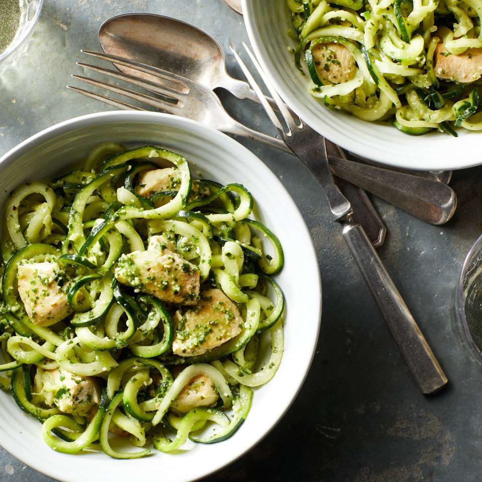 Pesto chicken zucchini noodles with tomatoes and basil