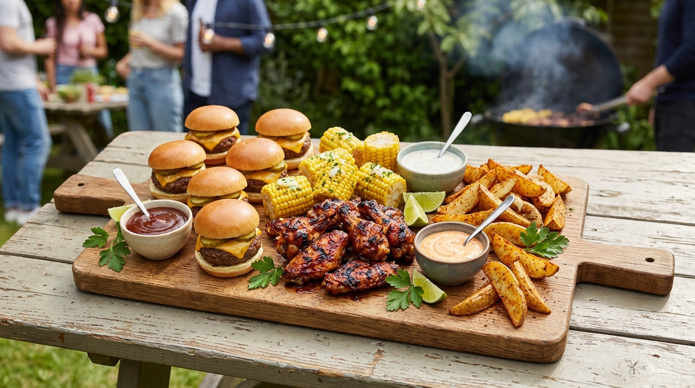 Backyard barbecue summer charcuterie board with sausage cheese pickles pretzels and dips