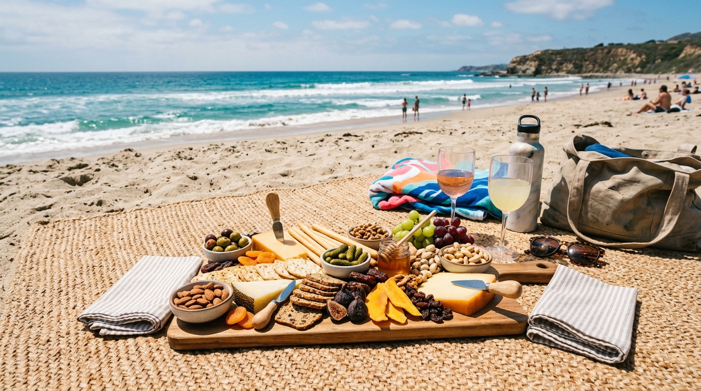 Portable beach picnic summer charcuterie board with cheese salami fruit vegetables and crackers