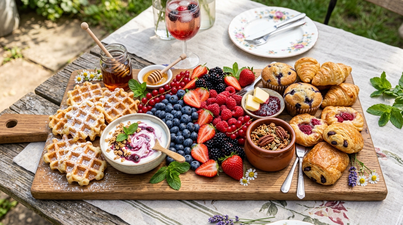 Summer berry brunch charcuterie board with waffles croissants yogurt berries and preserves