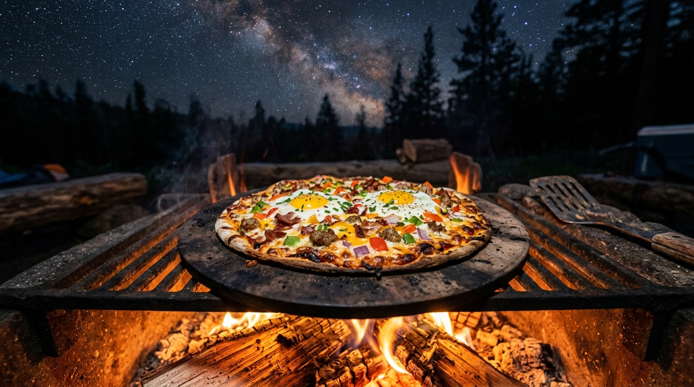 Campfire breakfast pizza with eggs sausage peppers cheese and green onions
