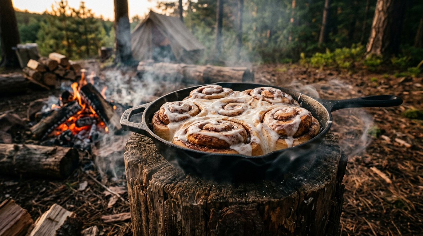 Campfire cinnamon rolls baked in a cast iron skillet with icing