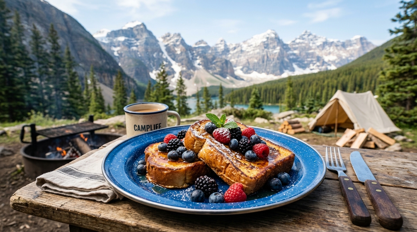 Campfire French toast with cinnamon berries powdered sugar and maple syrup