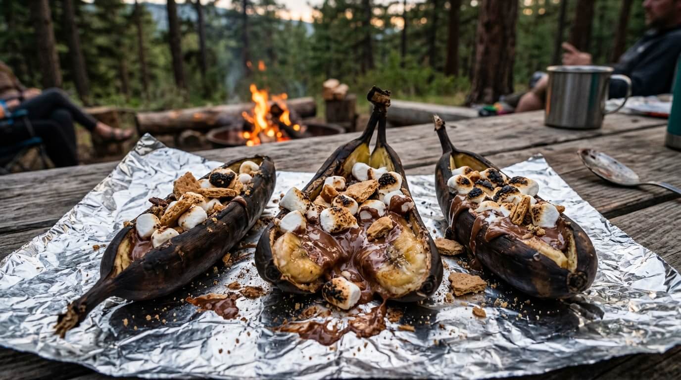 Campfire banana boat s'mores filled with chocolate marshmallows and graham crackers