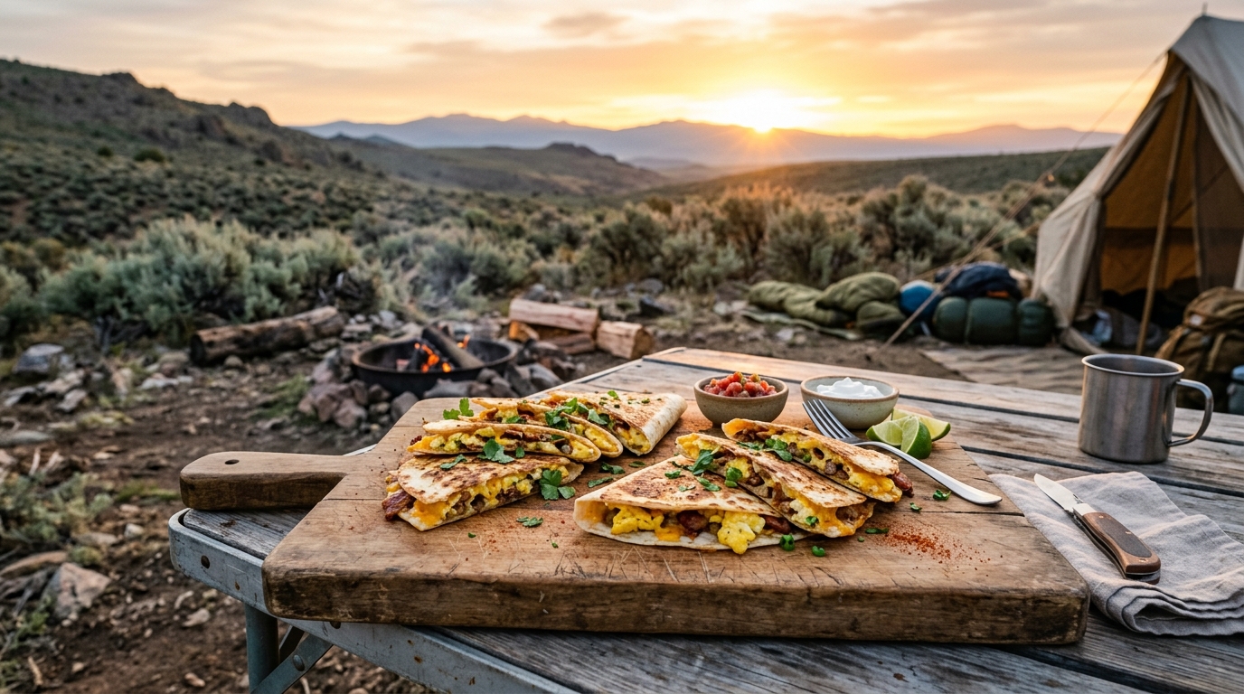 Dutch oven camping breakfast with sausage hash browns eggs peppers and melted cheese