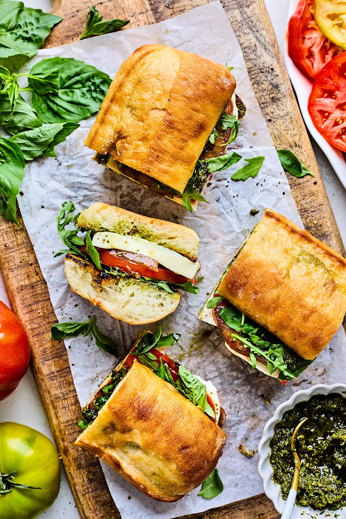 Caprese baguette sandwiches with mozzarella tomato and basil