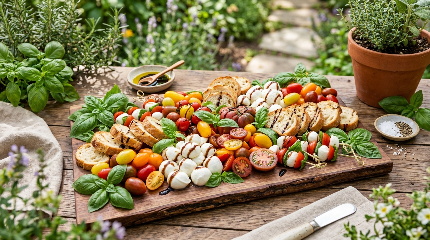 Caprese summer charcuterie board with heirloom tomatoes mozzarella basil prosciutto and crostini