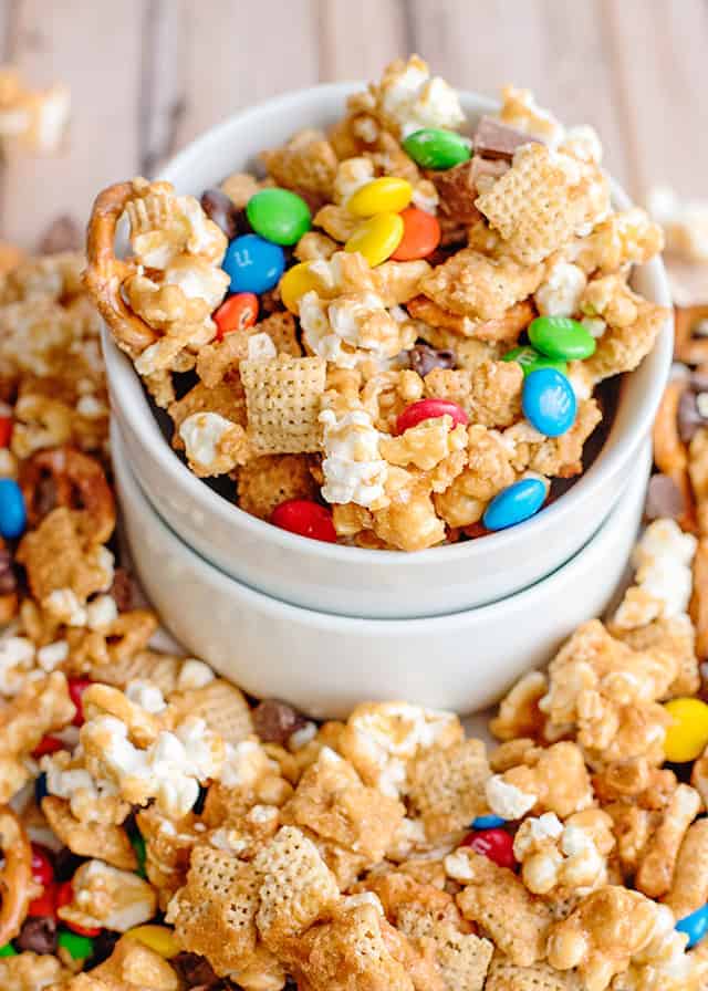Popcorn trail mix with pretzels peanuts dried cranberries cereal and chocolate chips
