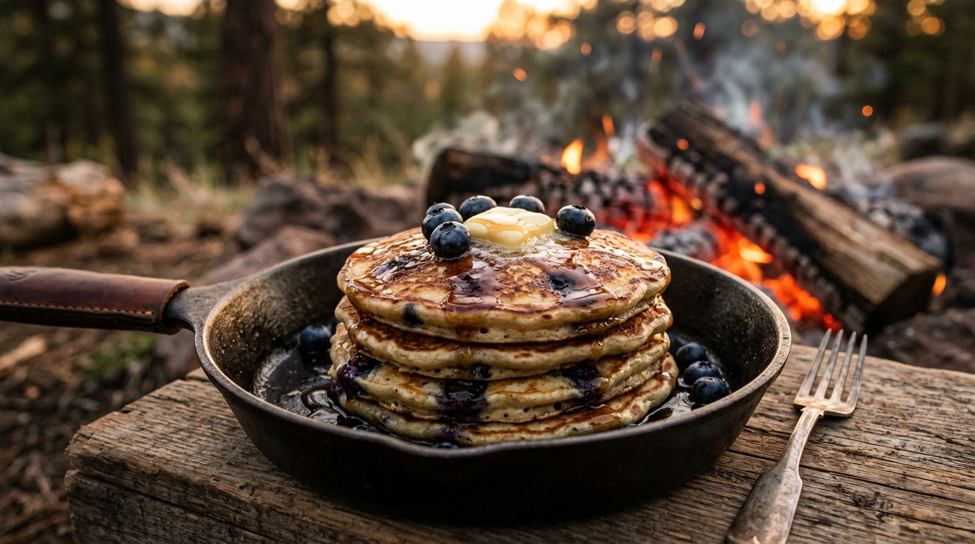 Cast iron camping pancakes with blueberries butter and maple syrup