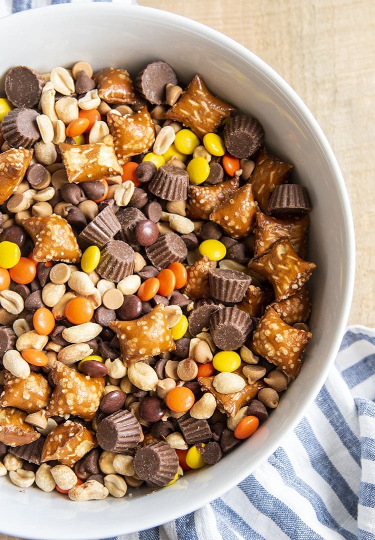 Peanut butter chocolate trail mix with peanuts cereal pretzels peanut butter chips and chocolate