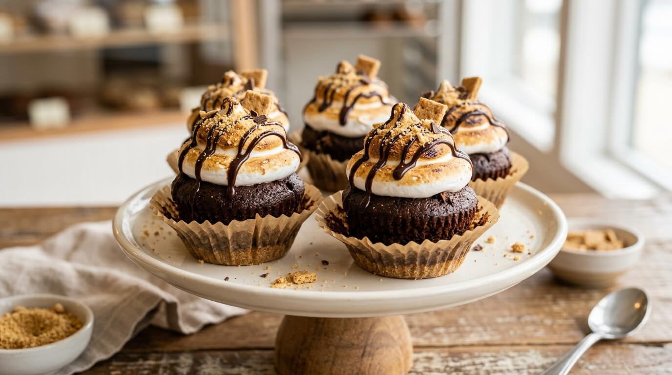 Chocolate s'mores cupcakes with toasted marshmallow frosting chocolate drizzle and graham crackers
