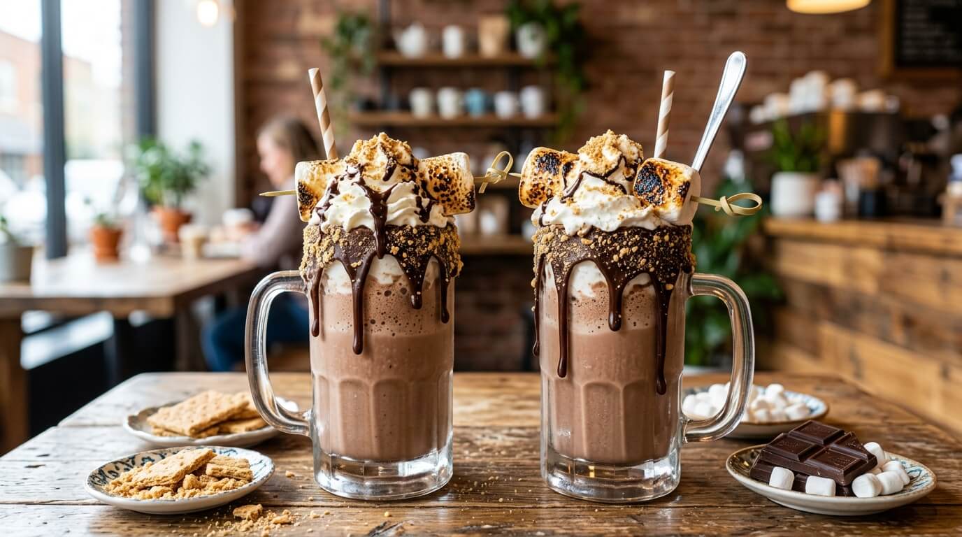 Creamy s'mores milkshake with chocolate marshmallow graham crumbs and whipped cream