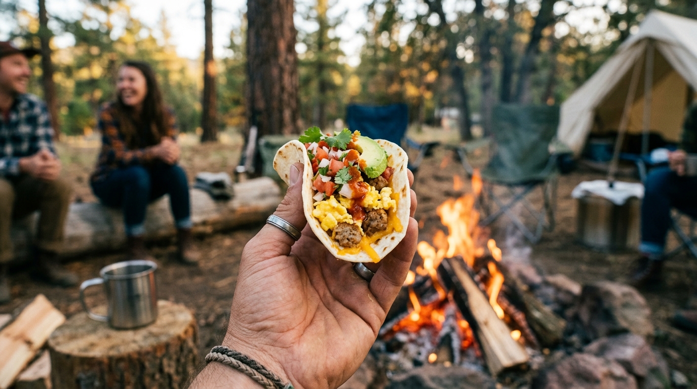 Campfire breakfast burritos filled with scrambled eggs sausage potatoes and melted cheese