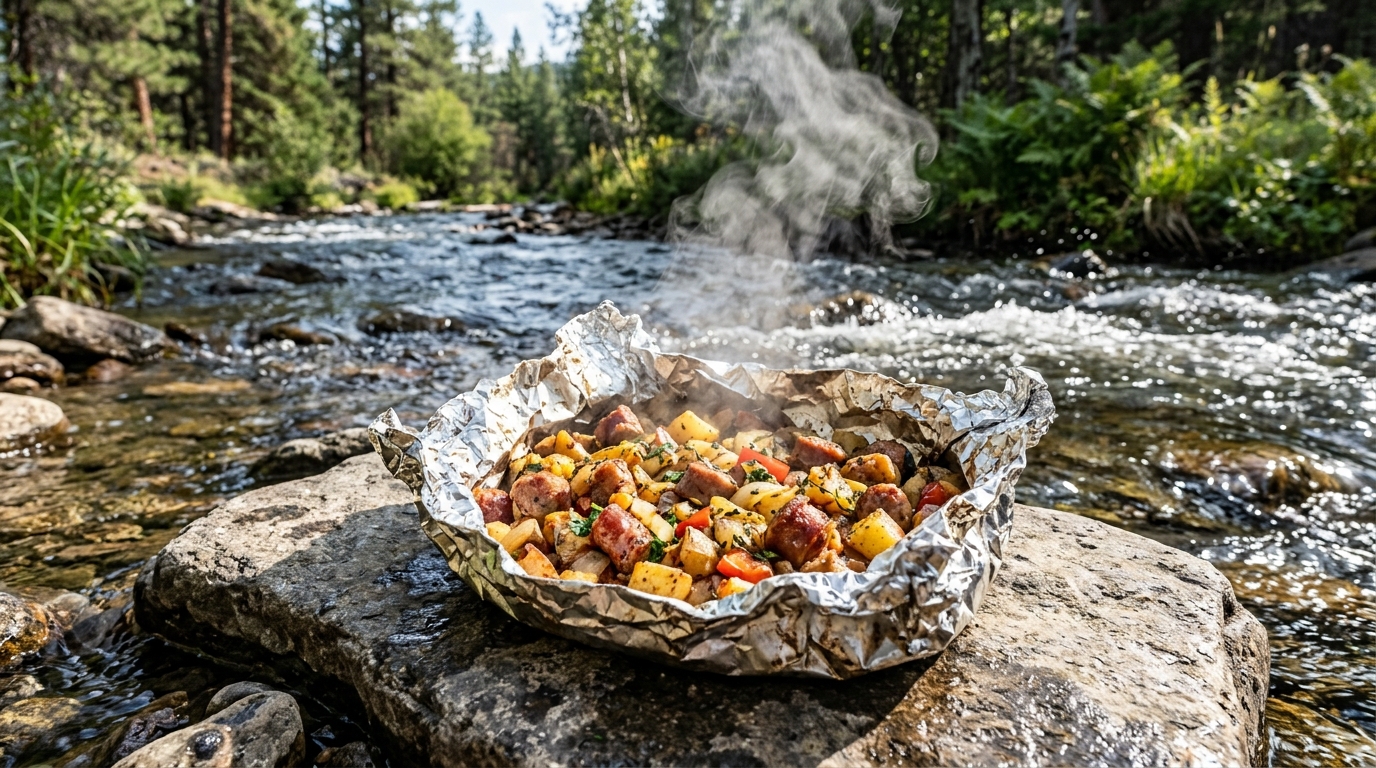 Camping hash brown and egg skillet with peppers melted cheese and green onions