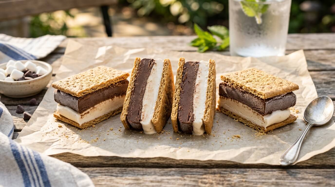 Frozen s'mores sandwiches with chocolate pudding marshmallow filling and graham crackers
