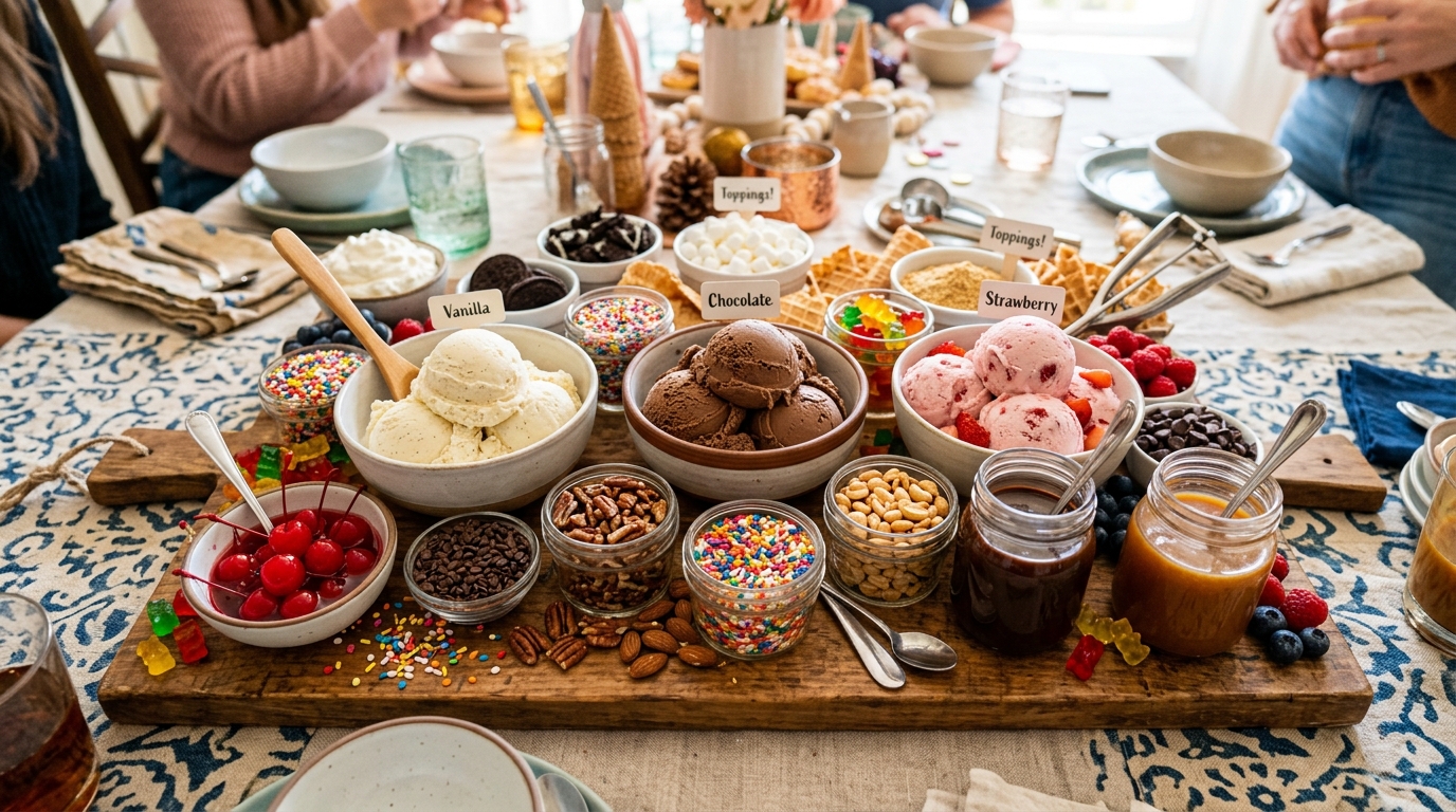 Summer ice cream sundae charcuterie board with toppings brownies fruit and sauces