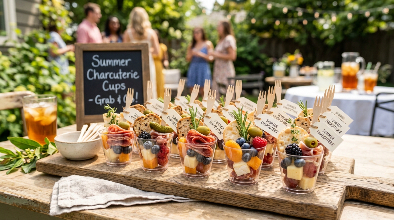 Summer breakfast charcuterie board with pancakes eggs bacon berries yogurt and muffins
