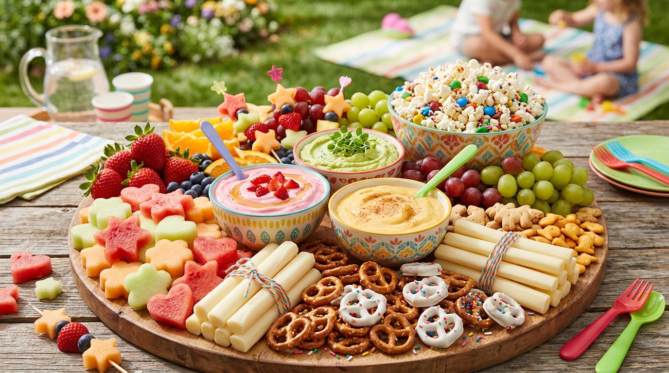 Colorful summer charcuterie board ideas with seasonal fruit cheese meats crackers dips and fresh vegetables