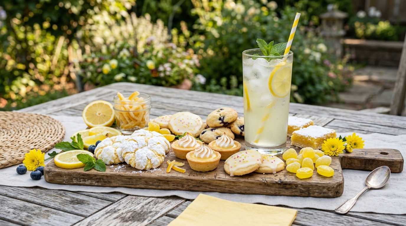 Summer lemonade dessert charcuterie board with lemon bars cupcakes cookies and berries