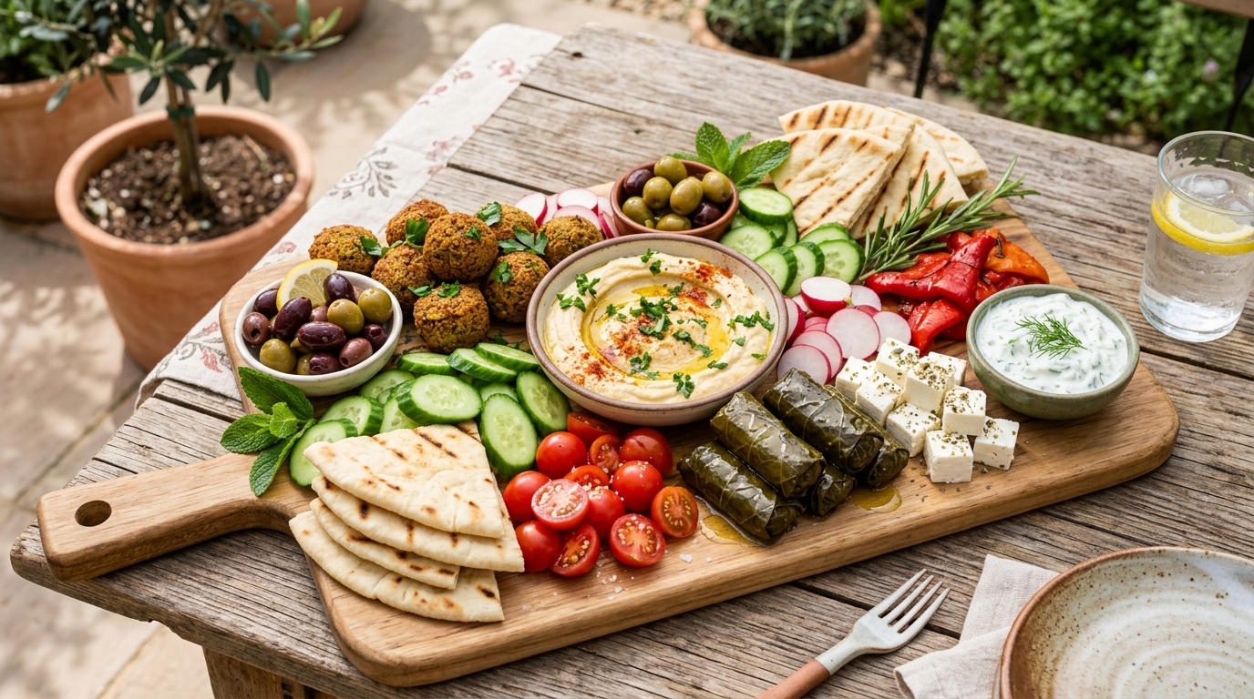 Mediterranean summer mezze charcuterie board with hummus feta olives vegetables and pita